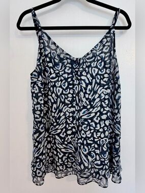 CAbi Navy and White Printed Silk-Blend Spaghetti Strap Tank
